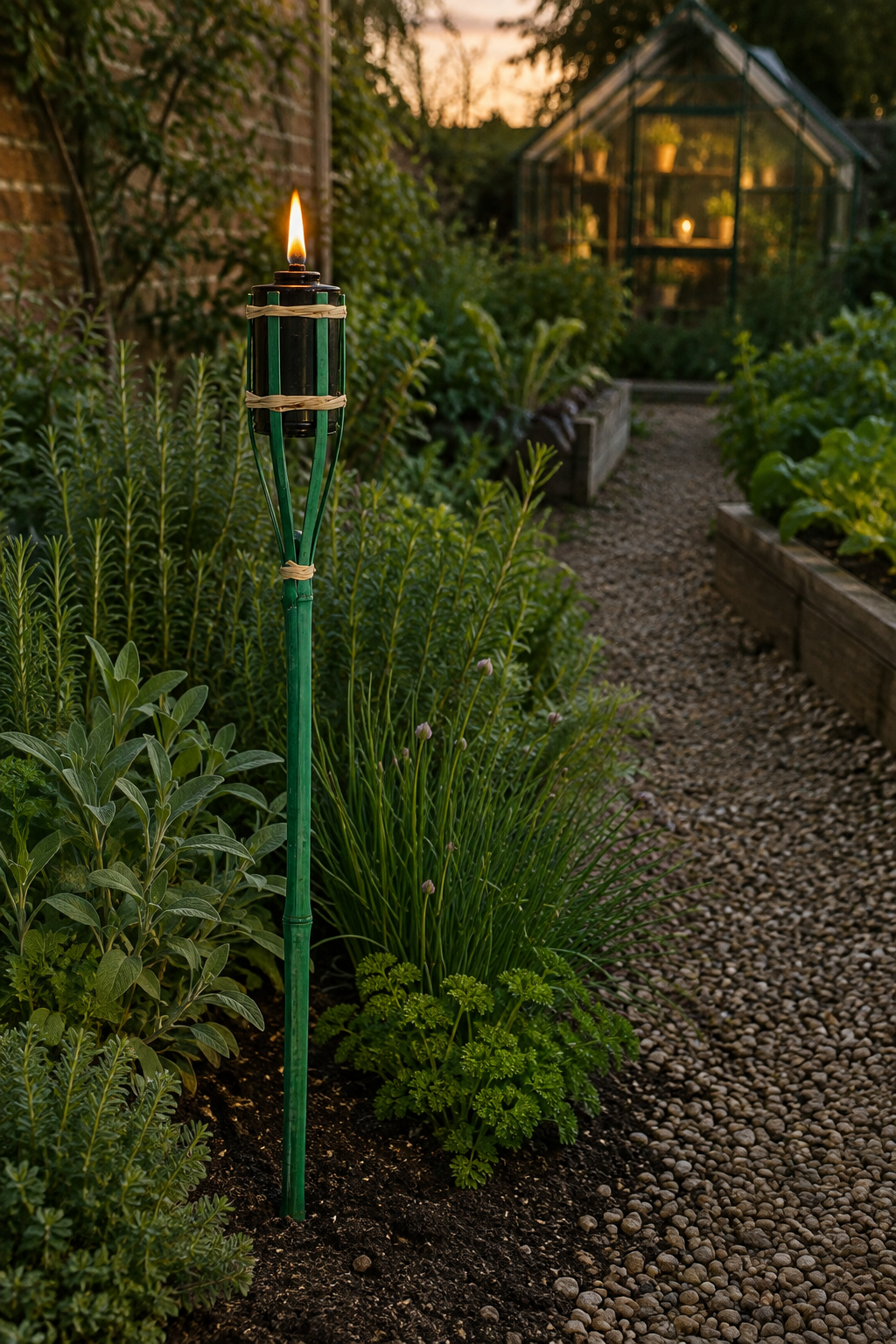 Green 60cm Bamboo Garden Fire Torch with Oil Chamber, lit on the side of a garden path.