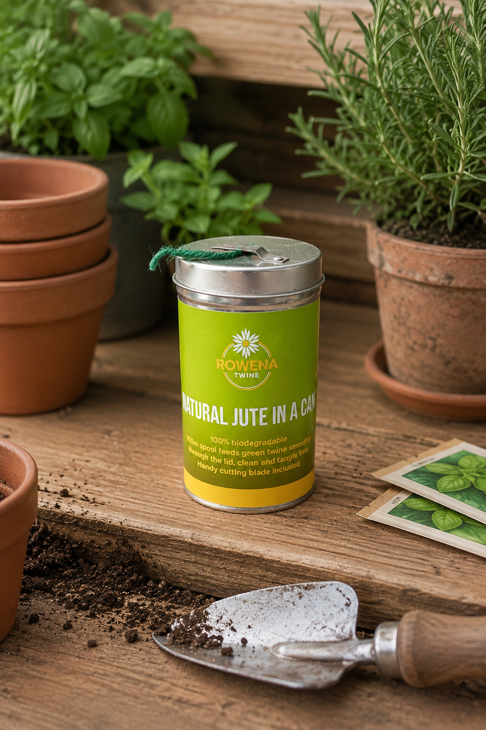 Container of natural jute in a can on a wooden surface with plants and gardening tools.