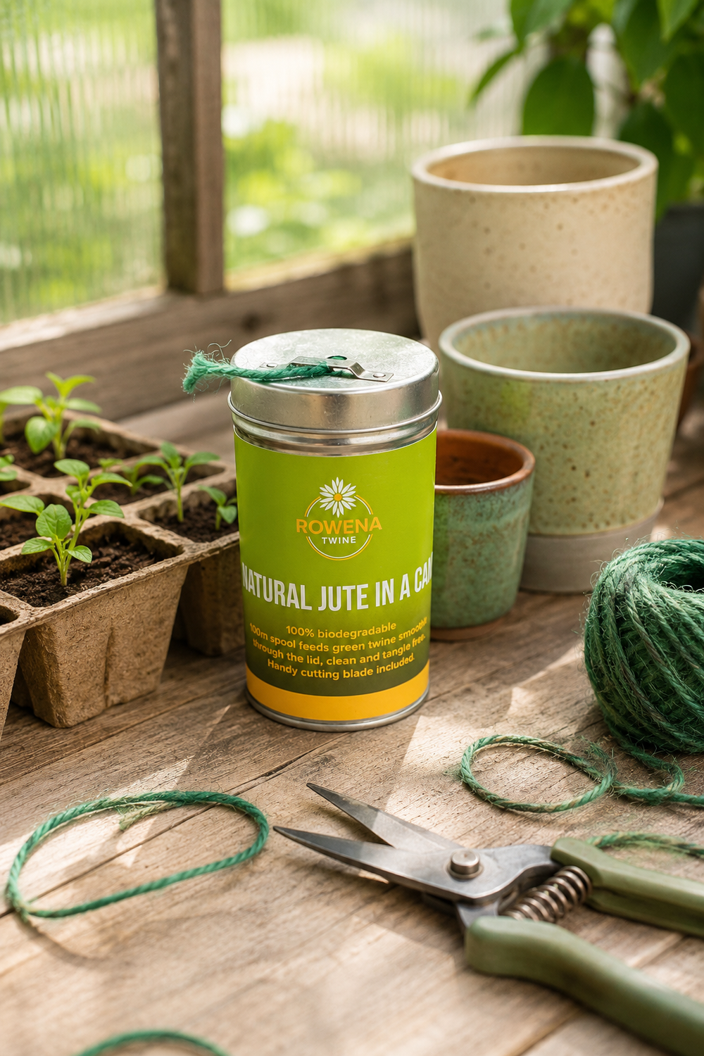 Green container labeled 'Natural Jute in a Can' on a wooden surface with gardening tools and plants.