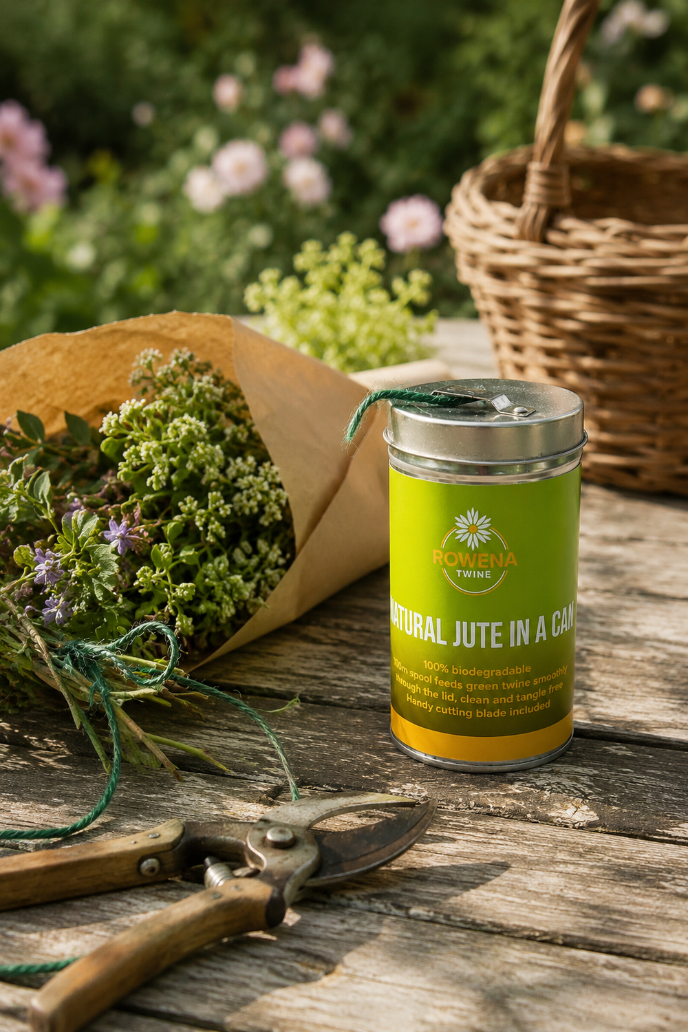 Green container with branding on a wooden surface with flowers and tools in the background