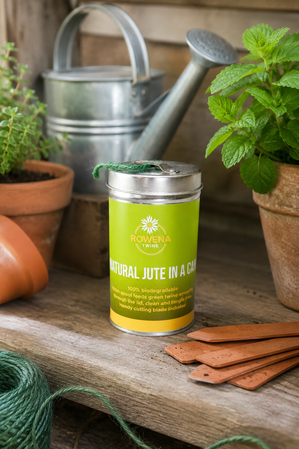 Green container with silver lid on a wooden surface with plants and gardening tools in the background