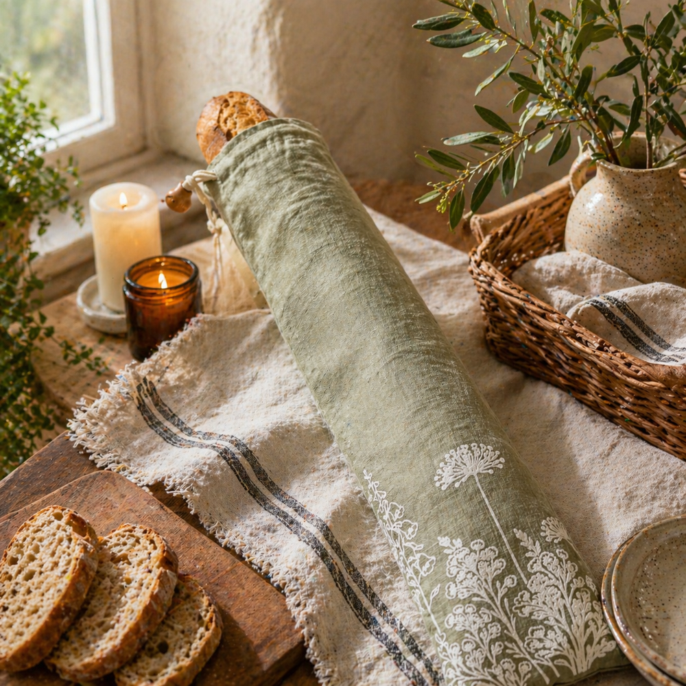 Sage Green linen bread bag storage with floral embroidery on a table with bread and candles