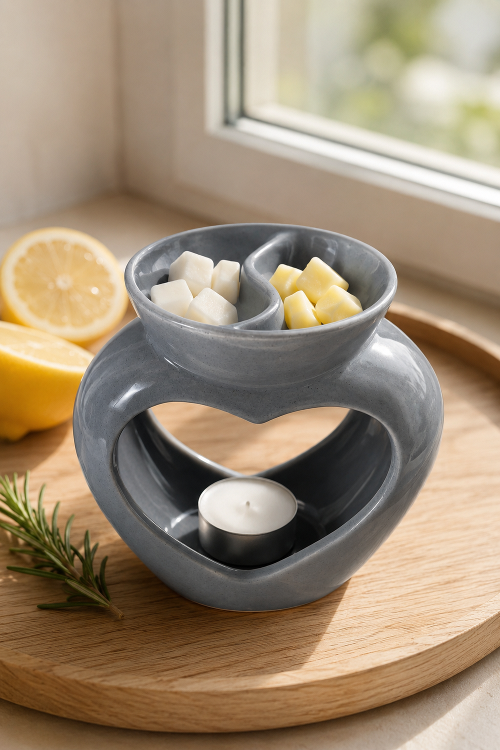 A gray ceramic heart-shaped candle warmer with a top divided bowl holding white and yellow wax cubes, and a lower heart-shaped cavity holding a white tea light candle. The warmer sits on a round wooden tray with lemon slices and rosemary in a bright indoor setting near a window.