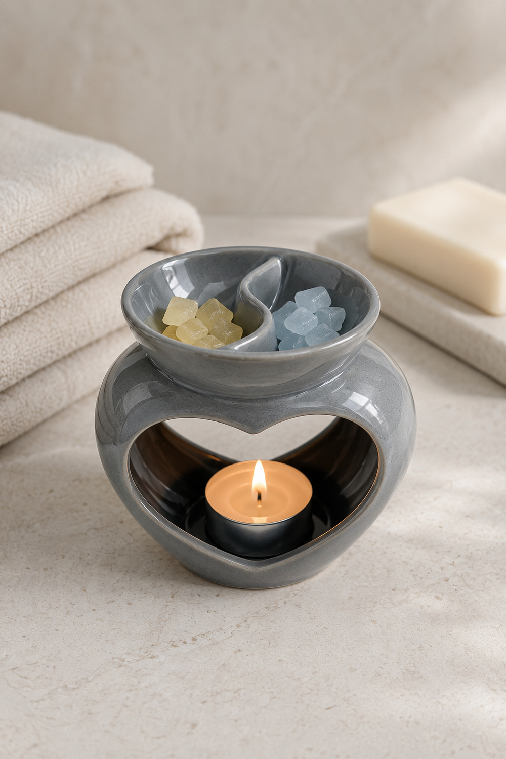 Grey Dual Heart Wax Melt Burner packaging with tea light safety and wax-melt use instructions.