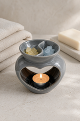 Grey Dual Heart Wax Melt Burner packaging with tea light safety and wax-melt use instructions.