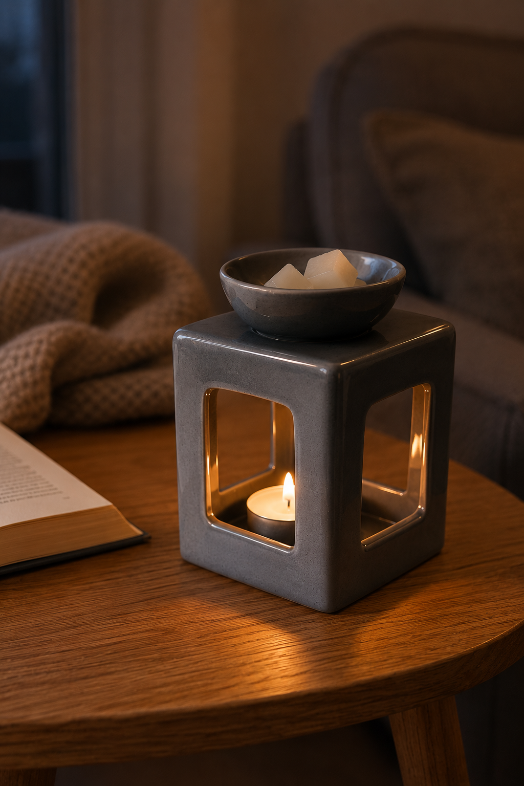 A square gray ceramic candle holder with a lit tea light candle inside and a small bowl on top holding white wax melts, placed on a wooden table in a cozy indoor setting.