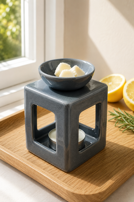 A dark gray cube-shaped scented candle warmer with a top bowl containing wax pieces, placed on a wooden tray near a window with lemon slices and rosemary in the background.