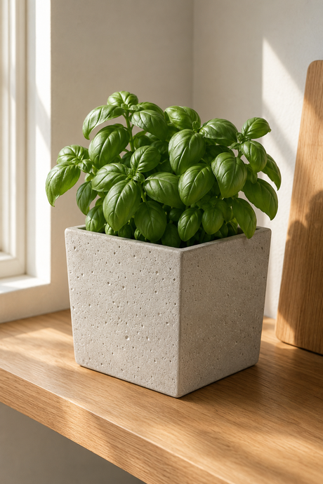 A vibrant green basil plant in a square, textured light gray concrete planter, placed on a wooden windowsill with warm natural light.