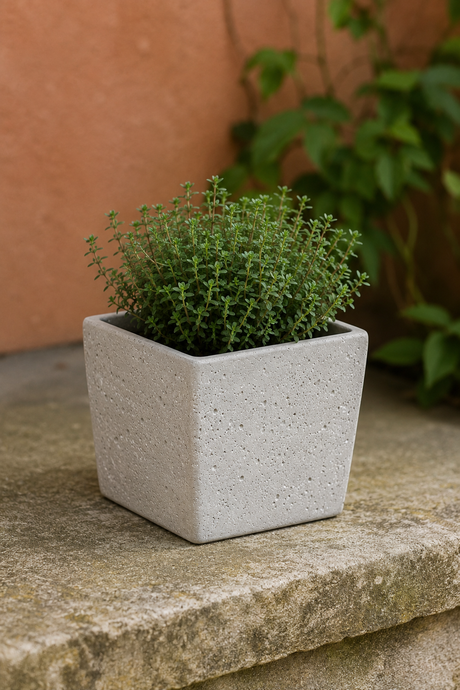 A small green herb plant in a square light gray concrete planter, placed on a stone surface with a terracotta wall and blurred greenery in the background.