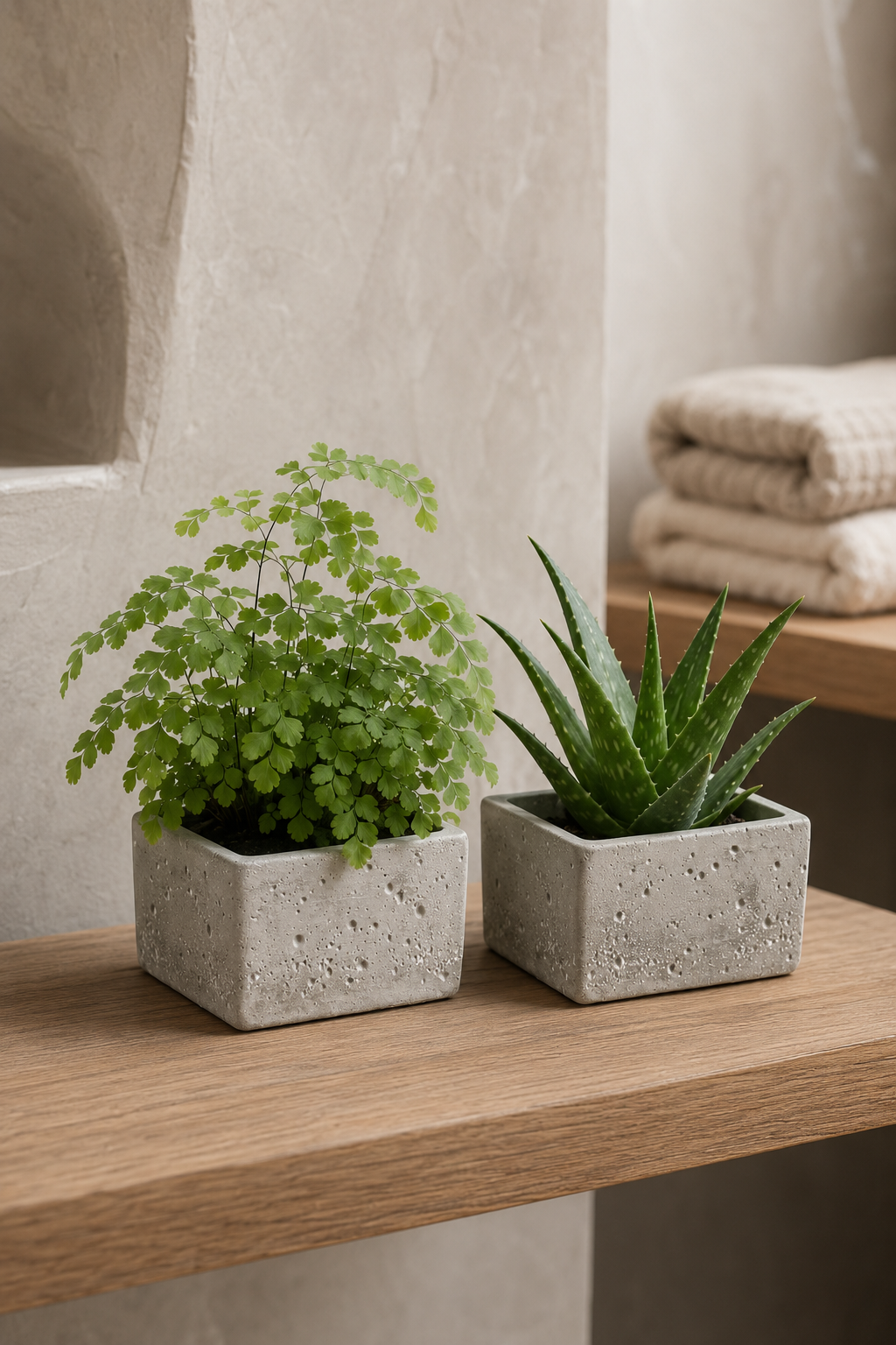 Two small potted green plants in square light gray concrete planters, displayed on a wooden shelf against a textured beige wall with folded towels in the background.