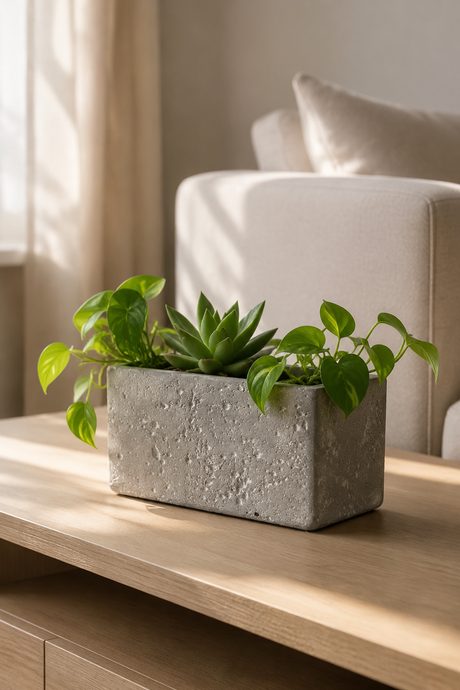 A rectangular concrete planter holding green succulent and trailing houseplant leaves, placed on a light wood table in a softly lit living room with a sofa in the background.