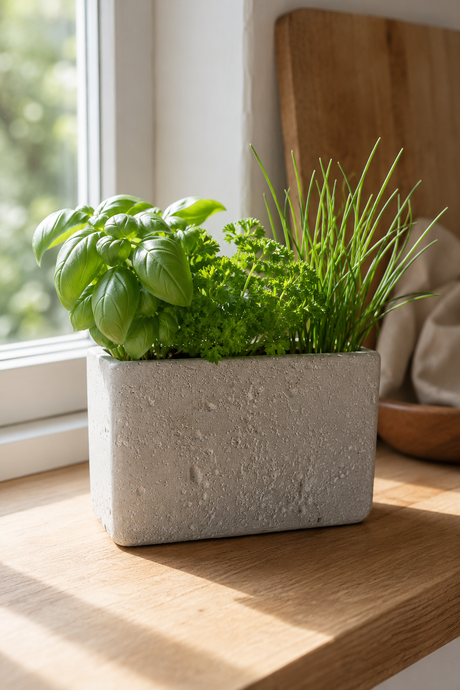 A rectangular concrete planter holding fresh green herbs, including basil and chives, placed on a wooden windowsill in natural sunlight.