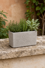 A rectangular concrete planter with a speckled gray finish, containing green herbs like rosemary and sage, resting on a stone ledge with a warm beige wall and foliage in the background.