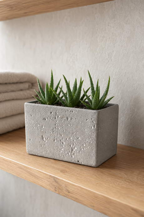 A rectangular concrete planter with a textured finish, containing two green succulent plants, displayed on a wooden shelf next to folded towels.