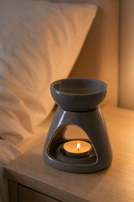 Grey ceramic triangle oil burner and wax melt burner with removable top bowl.