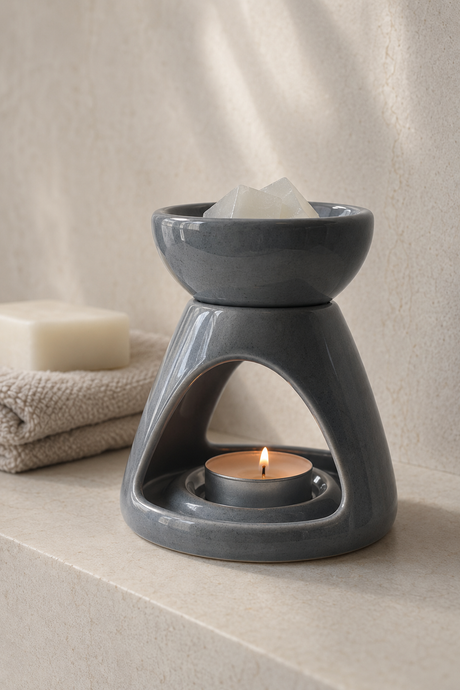 Grey ceramic triangle oil burner and wax melt burner with removable top bowl.