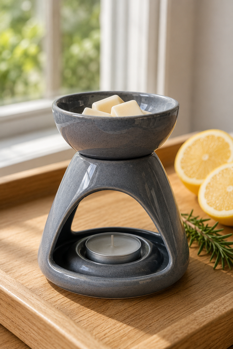 A gray ceramic wax warmer with a bowl on top holding wax cubes, set on a wooden tray with lemon slices and rosemary nearby, in front of a softly blurred window.