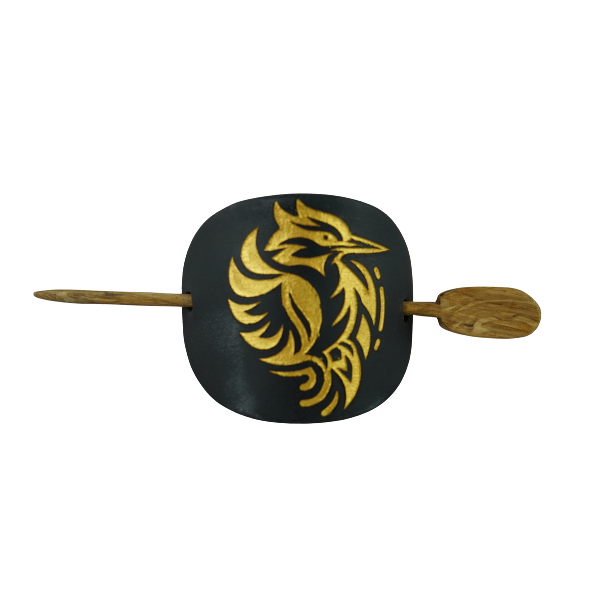 Handcrafted Leather Hair Barrette – Gold Kingfisher on Black Leather with Oak Stick