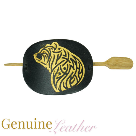 Leather Hair Barrette – Gold Bear on Black Leather with Oak Stick