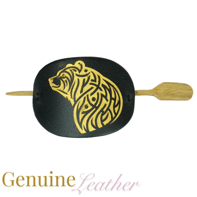 Leather Hair Barrette – Gold Bear on Black Leather with Oak Stick