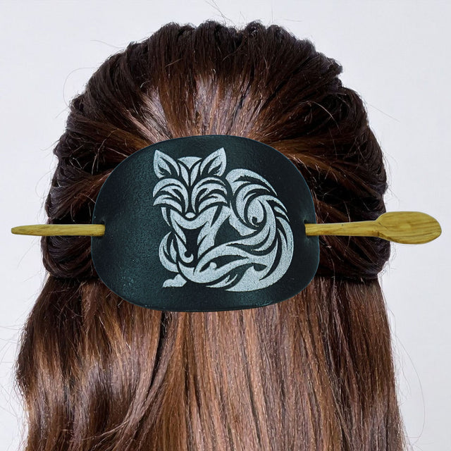 Leather Hair Barrette – Silver Fox on Black Leather with Oak Stick