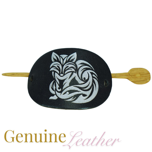 Leather Hair Barrette – Silver Fox on Black Leather with Oak Stick