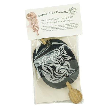 Leather Hair Barrette | Silver Fox Engraved Hair Slide