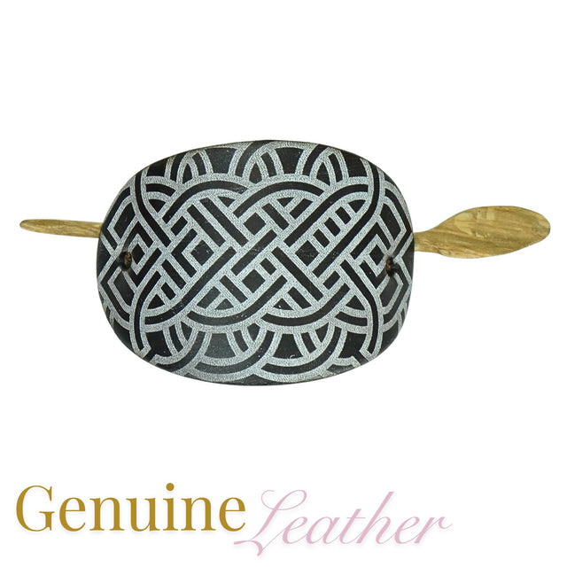Leather Hair Barrette – Celtic, Hand-Painted in Silver with Oak Stick