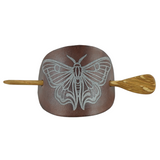 Handcrafted Leather Hair Barrette – Butterfly Engraved, Hand-Painted with Oak Stick