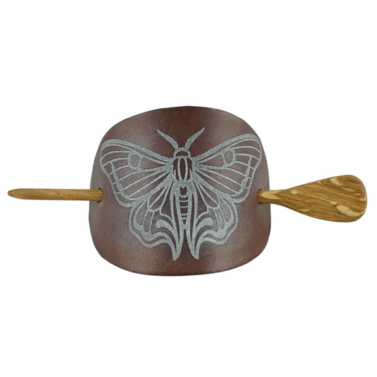 Handcrafted Leather Hair Barrette – Butterfly Engraved, Hand-Painted with Oak Stick