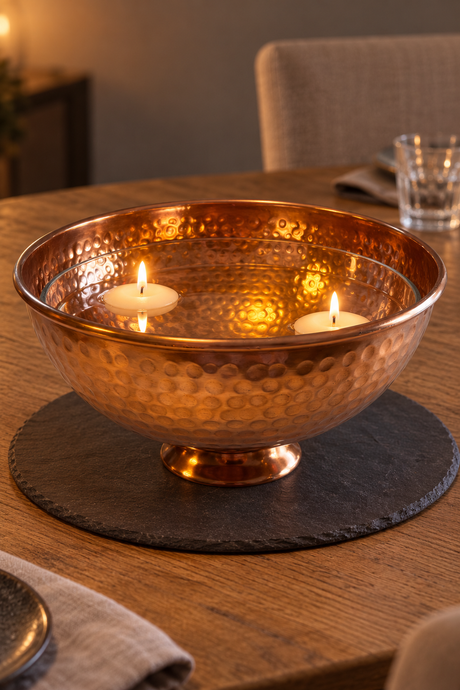Two floating candles in a clear glass insert inside a hammered copper finish bowl on an oak table.