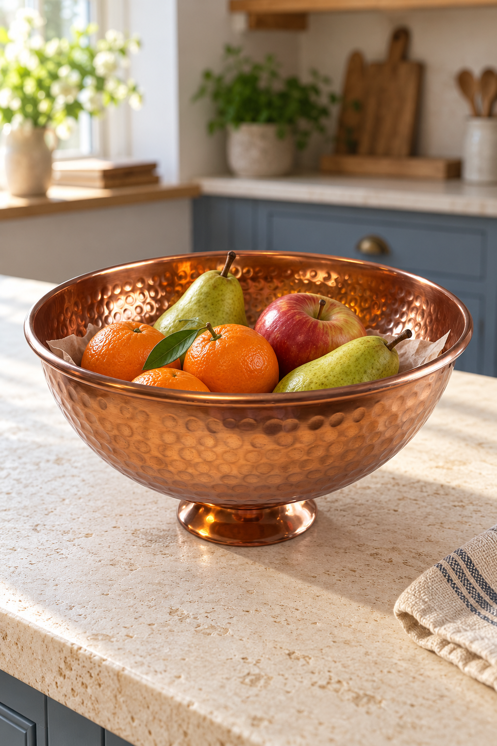 Pears, clementines and an apple in a lined hammered copper finish bowl on a pale kitchen island.