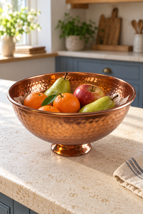 Pears, clementines and an apple in a lined hammered copper finish bowl on a pale kitchen island.