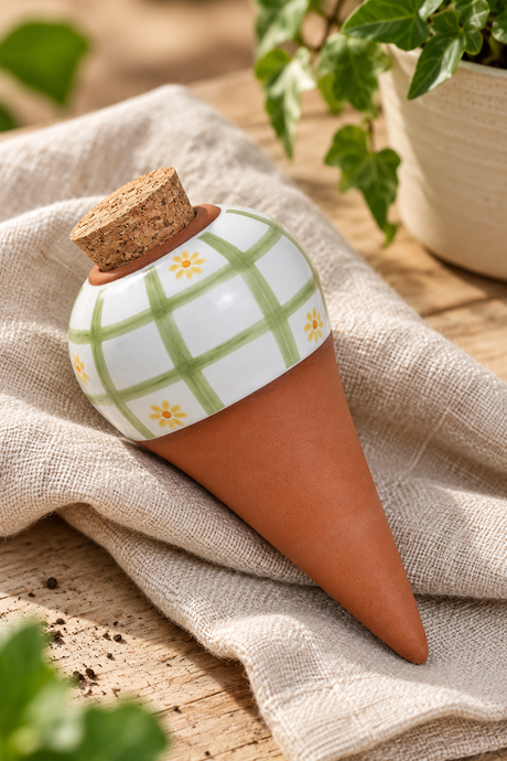 Single Daisy terracotta watering spike with a glossy white top, green checked pattern and yellow floral motifs. Features a tapered terracotta body and cork stopper.