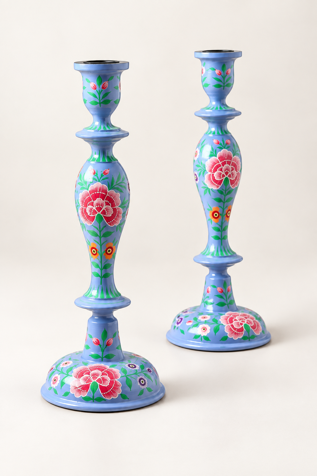 Violet wooden candlestick holder with hand-painted traditional Kashmir designs, 12-inch size