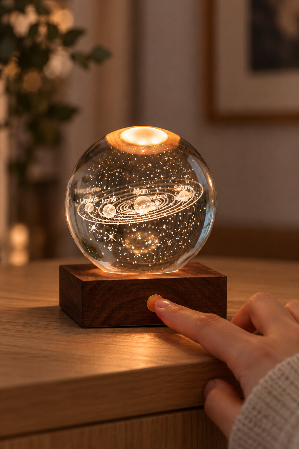Hand touching the circular copper control on the walnut base of the glowing Solar System crystal light.
