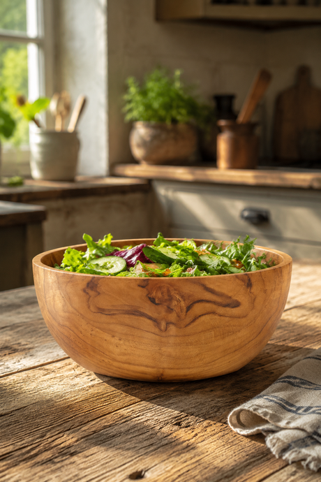 A Hand-Turned Wooden Snack & Serving Bowl – 16cm. Round wooden salad bowl filled with fresh green salad, placed on a rustic wooden table in a softly blurred kitchen setting.