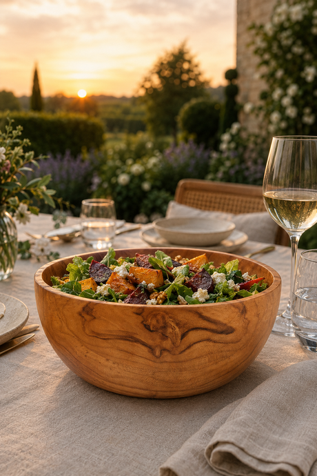 Hand-Turned Wooden Snack & Serving Bowl – 16cm filled with fresh greens, sweet potato, and crumbled cheese, set on an outdoor dining table at sunset with wine glasses and plates in the background.