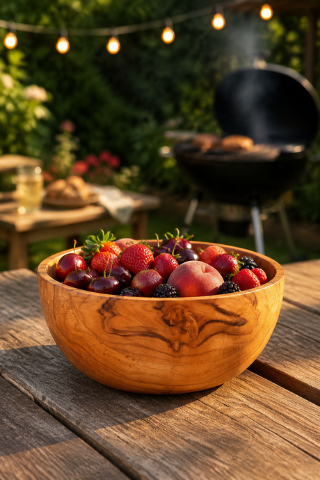 Hand-Turned Wooden Snack & Serving Bowl – 16cm filled with fresh strawberries, plums, and blackberries sits on a rustic wooden table in an outdoor backyard setting with a grill and string lights blurred in the background.