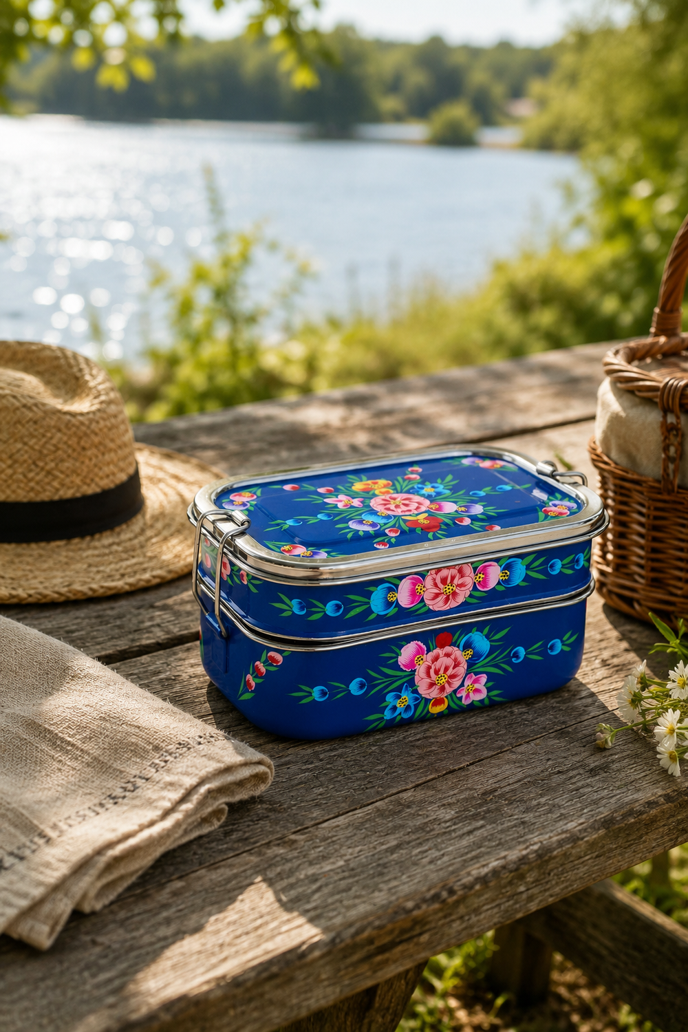 Hand-painted dark blue garland stainless steel lunch box