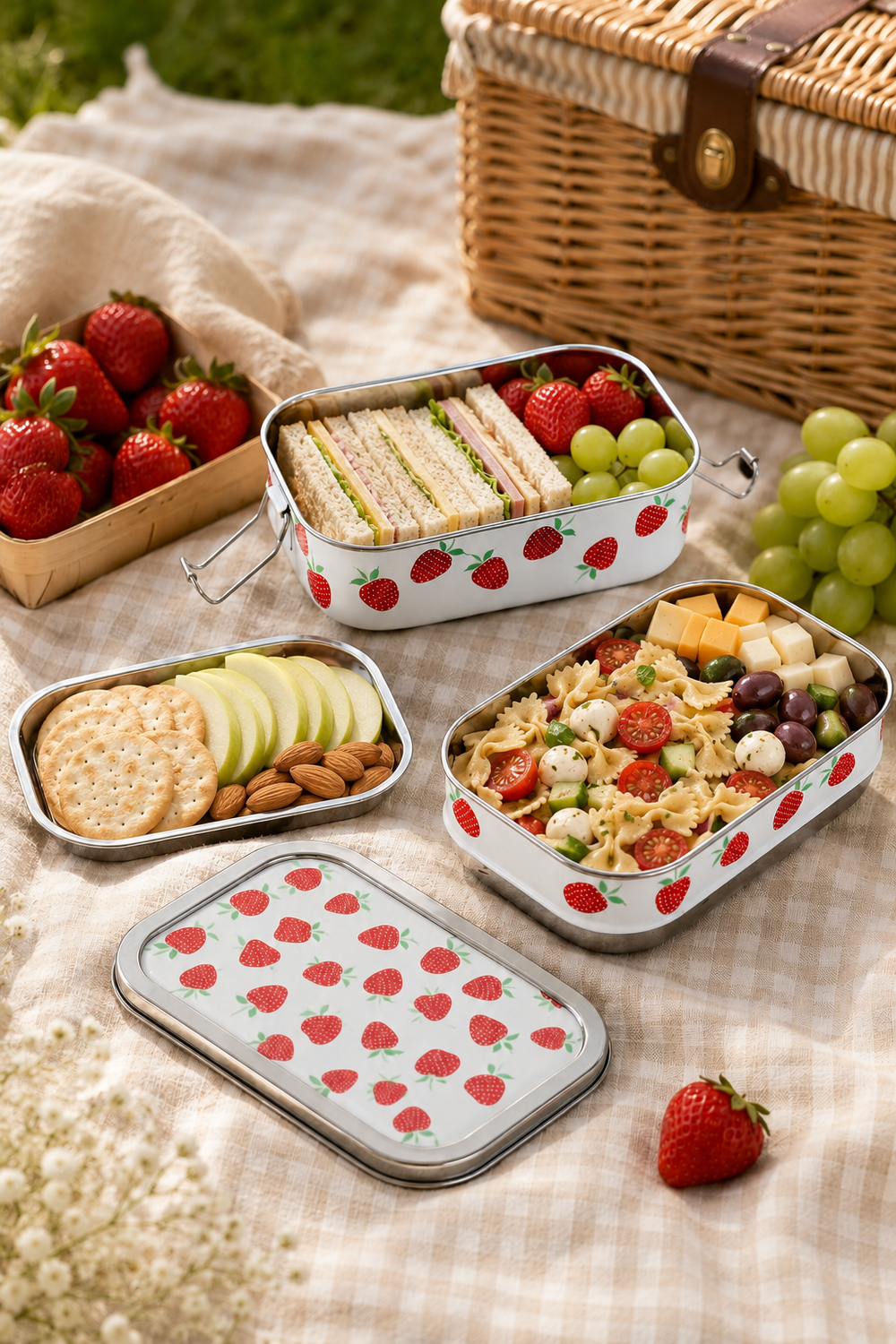 Hand-painted stainless steel tiffin lunch box with Summer Strawberries design. Three compartments for packed lunches, picnics, work lunches and snacks. Hand-painted