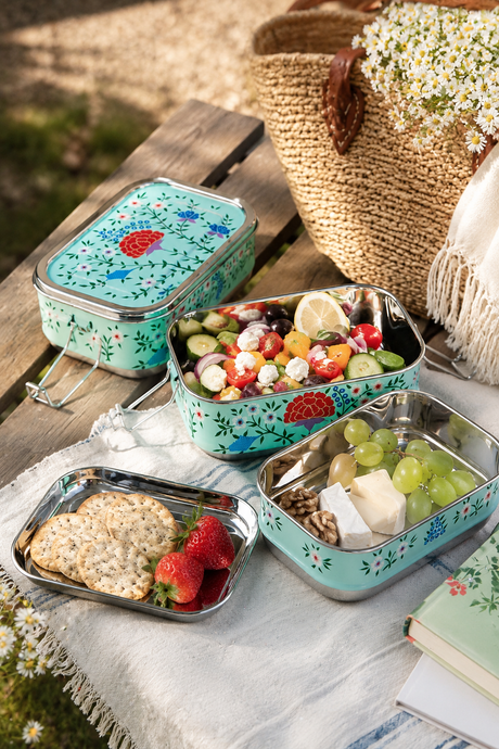 Hand-painted turquoise stainless steel lunch box