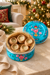Candle Gift Set in a Hand-Painted Blue Tin – 5 Clay Pot Candles