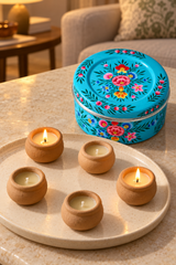 Candle Gift Set in a Hand-Painted Blue Tin – 5 Clay Pot Candles