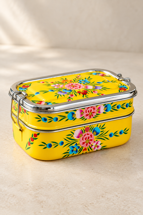 A bright yellow rectangular lunch box with a floral hand-painted pattern, featuring a silver metal clasp lid, set against a neutral beige background.
