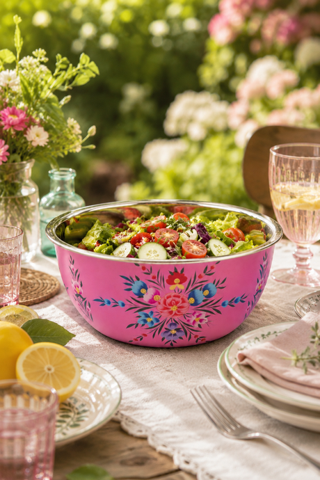 Pink floral-patterned bowl filled with salad on a table outdoors.