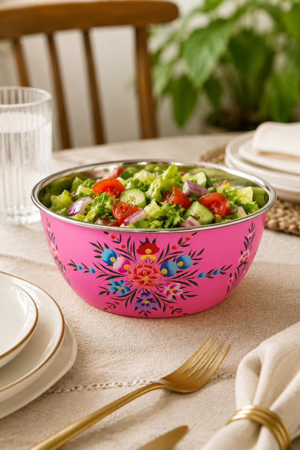 Pink floral-patterned bowl with salad on a table setting