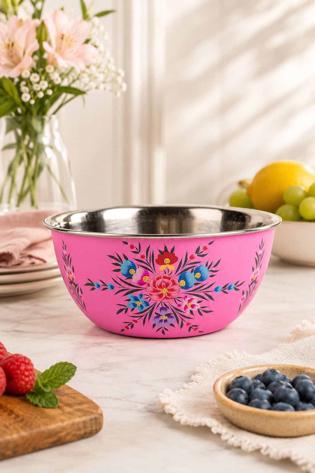 Pink floral-patterned bowl on a table with fruits and flowers in the background