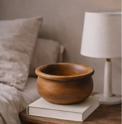 Wooden bowl on a stack of books with a lamp in the background