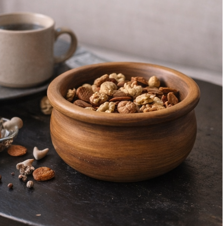 Wooden bowl filled with nuts on a dark surface with a cup of coffee in the background.